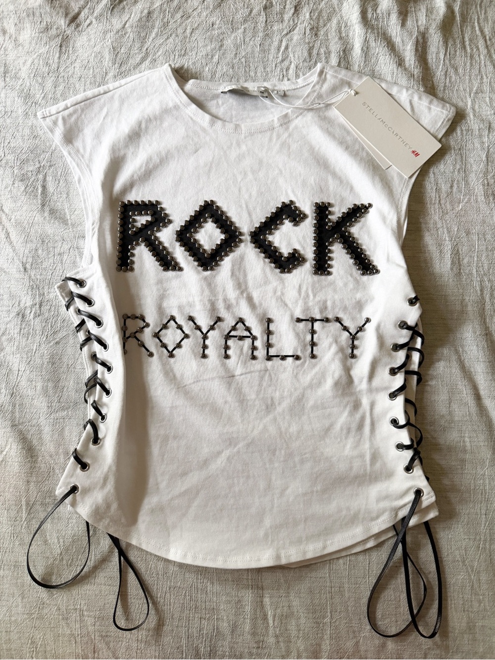 Stella McCartney White Tank with Black Studded 'ROCK ROYALTY' and Lace Sides
